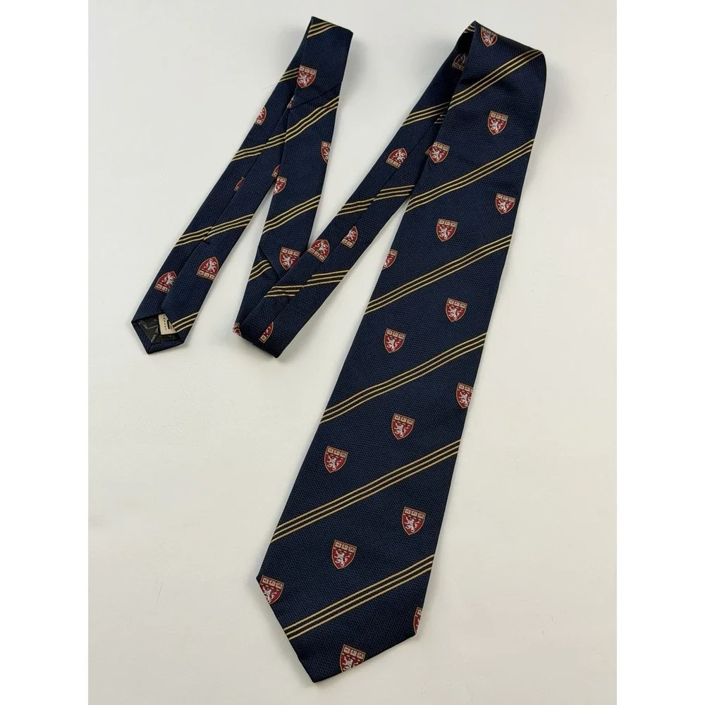 M. La Hart VTG Navy Blue Silk Harvard Striped Necktie Crest Pattern Made In USA
